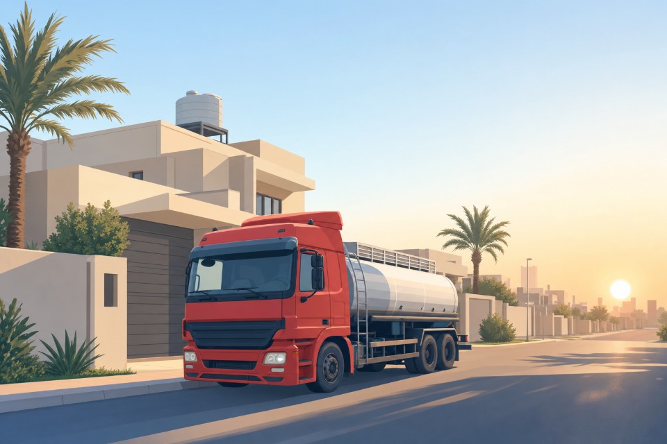 رسم لوايت مياه بجانب فيلا سكنية وقت الشروق في شرق الرياض